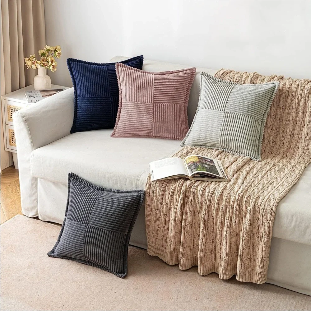 Pale Dusty Pink Stripe Texture Corduroy Farmhouse Luxury Soft Pillow Cover Set